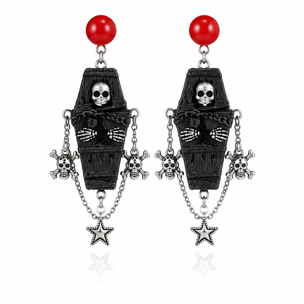 Red and Black Gothic Coffin Drop Earrings with Skull Accents